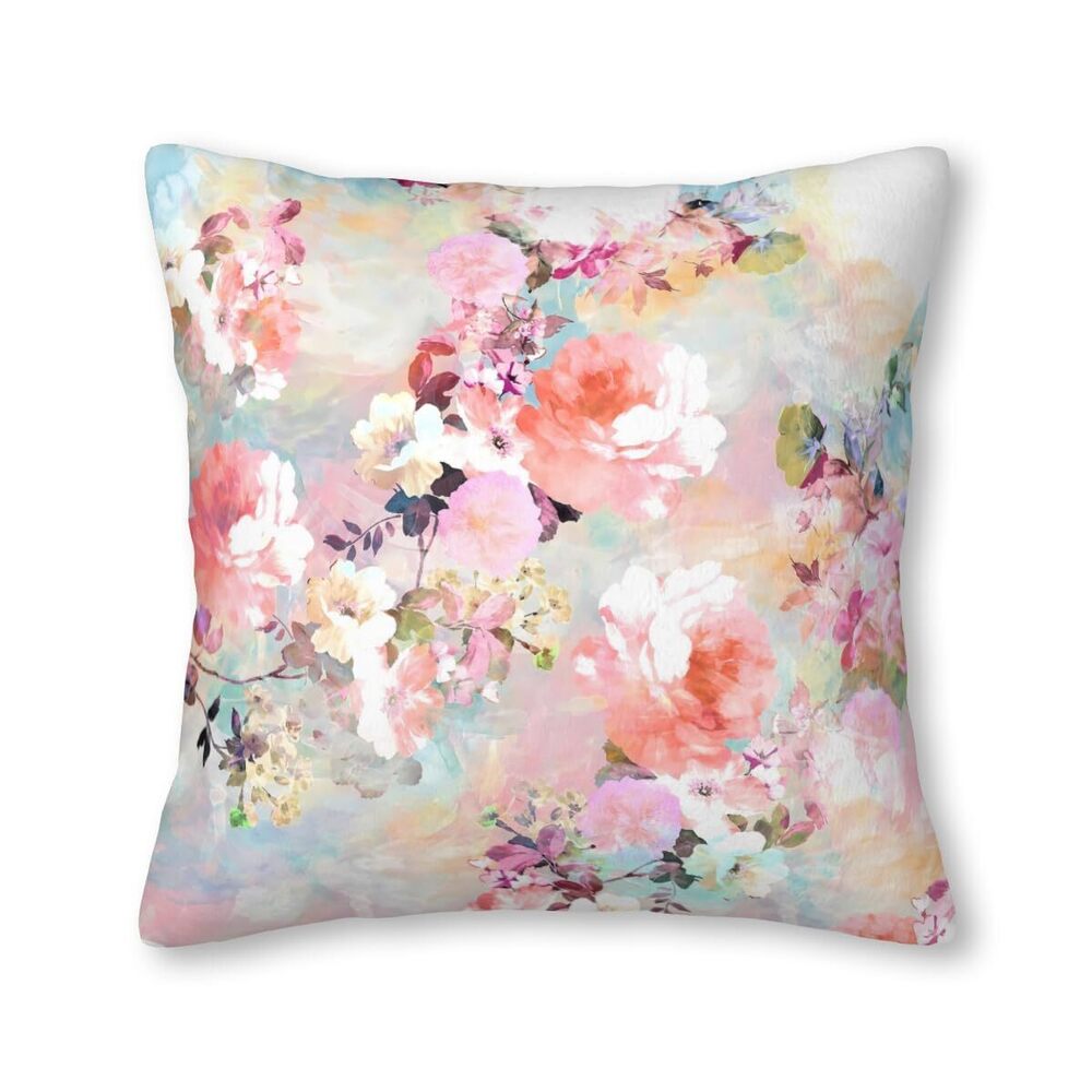 6822 Romantic Pink Teal Watercolor Chic Floral Pattern Velvet Throw Pillow